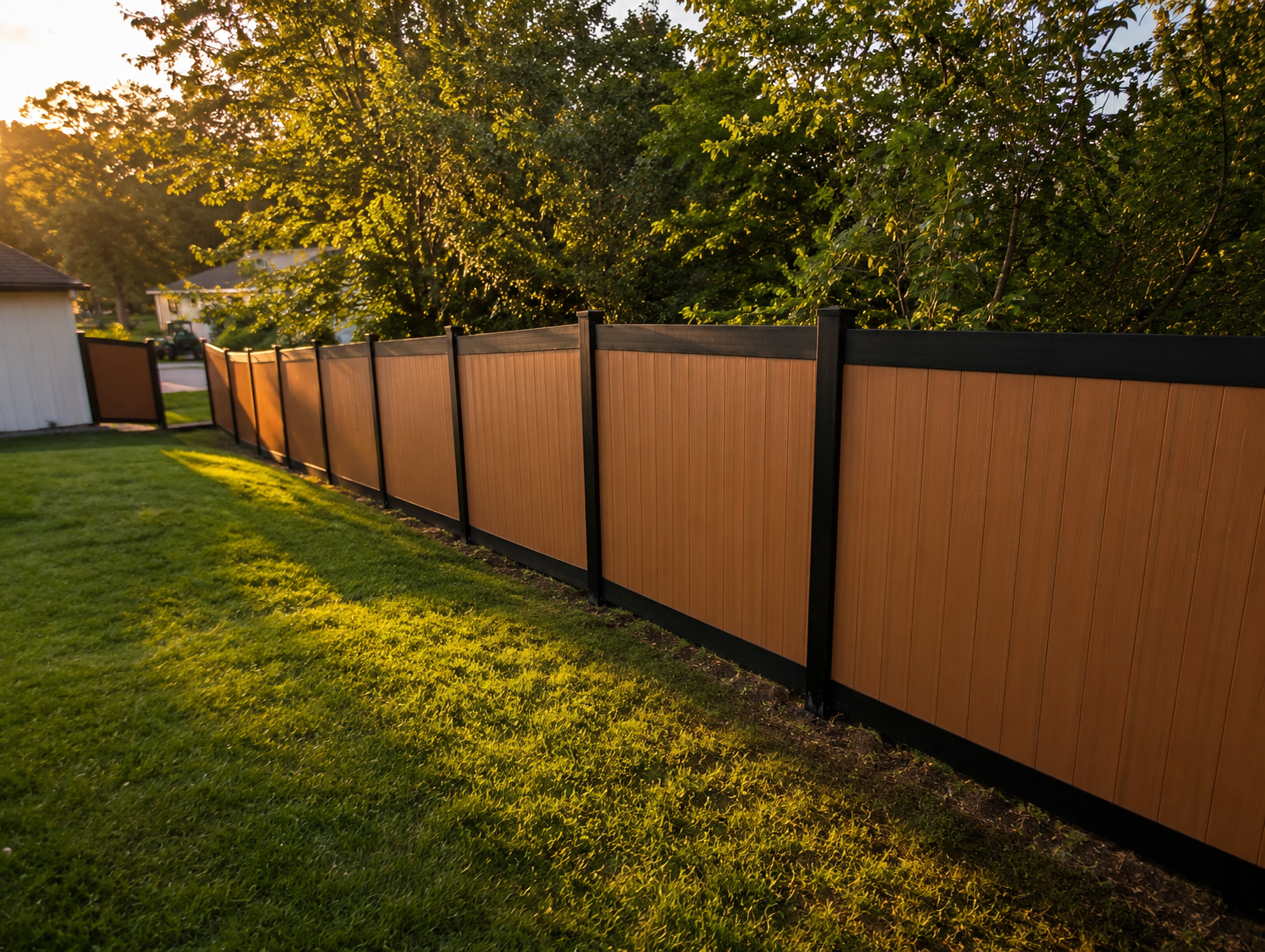Completed fence line along backyard perimeter